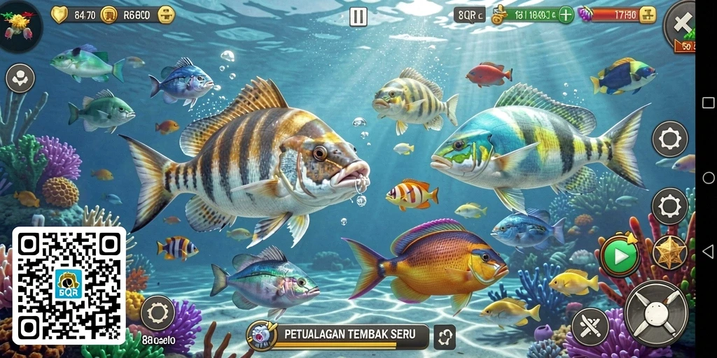 Tampilan gameplay menarik dari 8QR dengan aksi tembak ikan yang mengesankan.
