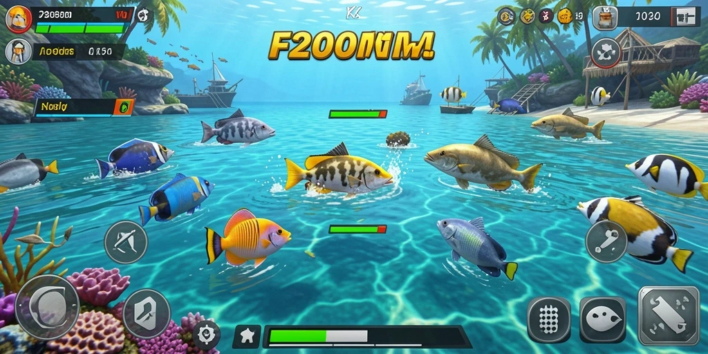 Tampilan layar utama F200M dengan gameplay Tembak Ikan yang menegangkan.