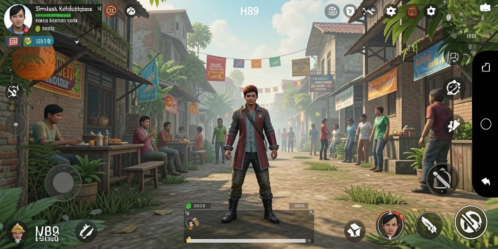 Screenshot H89 menampilkan karakter dalam simulasi kehidupan yang dinamis.