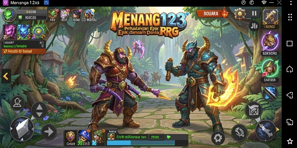 Screenshot MENANG123 menampilkan pertarungan epik antara karakter dan monster.